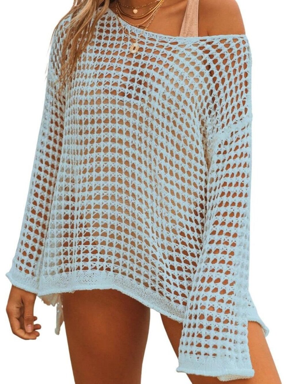 Women Light Blue Acrylic Crochet Cover Up Swim Bathing Suit Cover Up Long Sleeve